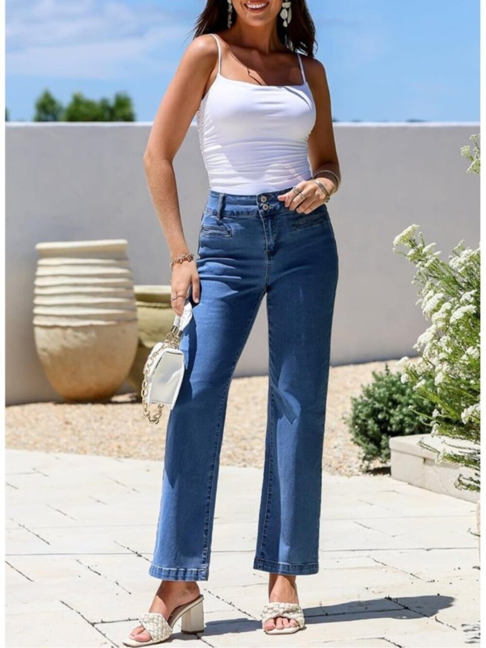 Women's Bluing High Waisted Straight Denim Pants Dual Button Leg Jeans - Picture 6 of 6